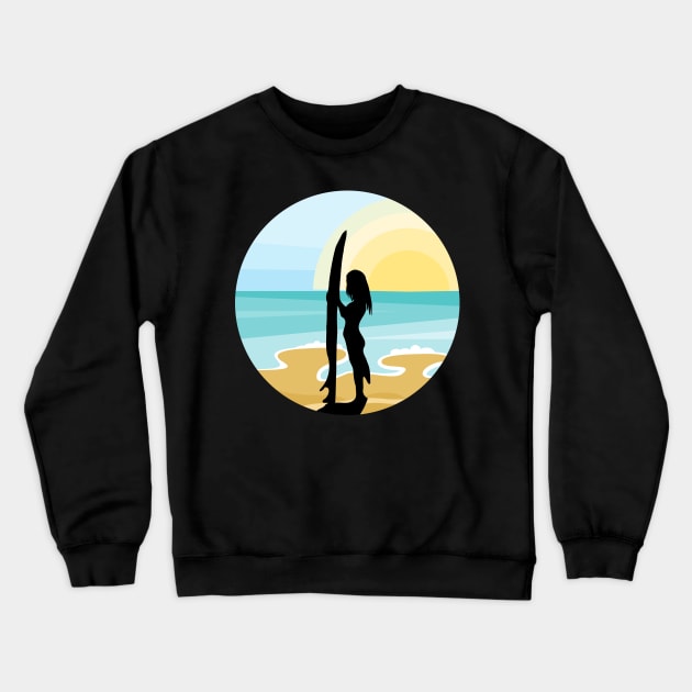 Surfer Girl and Surf Board, Sunset Beach Crewneck Sweatshirt by Redmanrooster